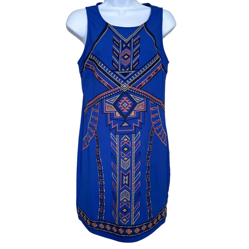 Flying Tomato Women’s Sz S Blue Aztec Embroidered Dress Back Zip Sleeveless